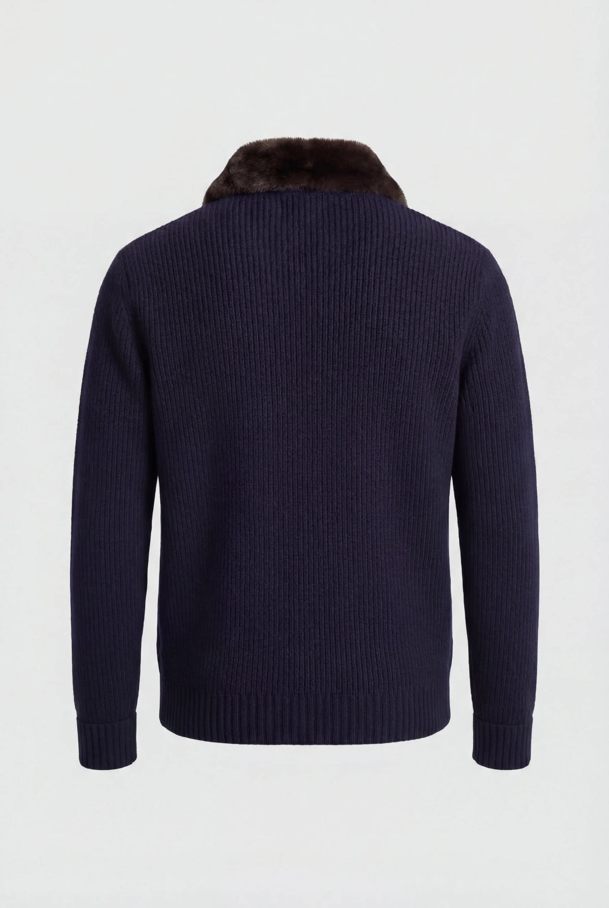 Strikjakke i uld med lynlås og pelsforet krave til mænd - Navy - Regular fit - Jakker - Valmont Wear