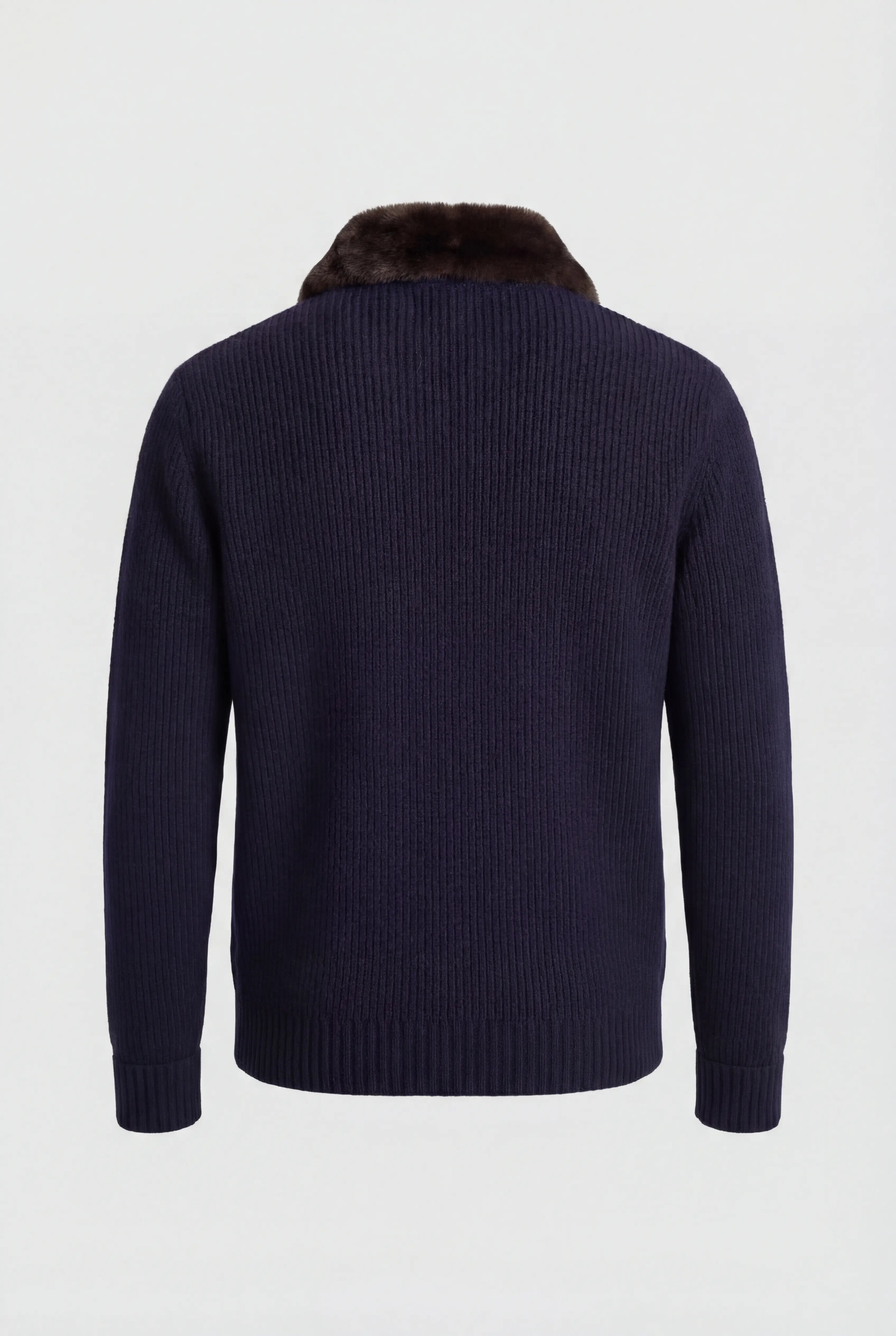 Strikjakke i uld med lynlås og pelsforet krave til mænd – Navy – Regular fit