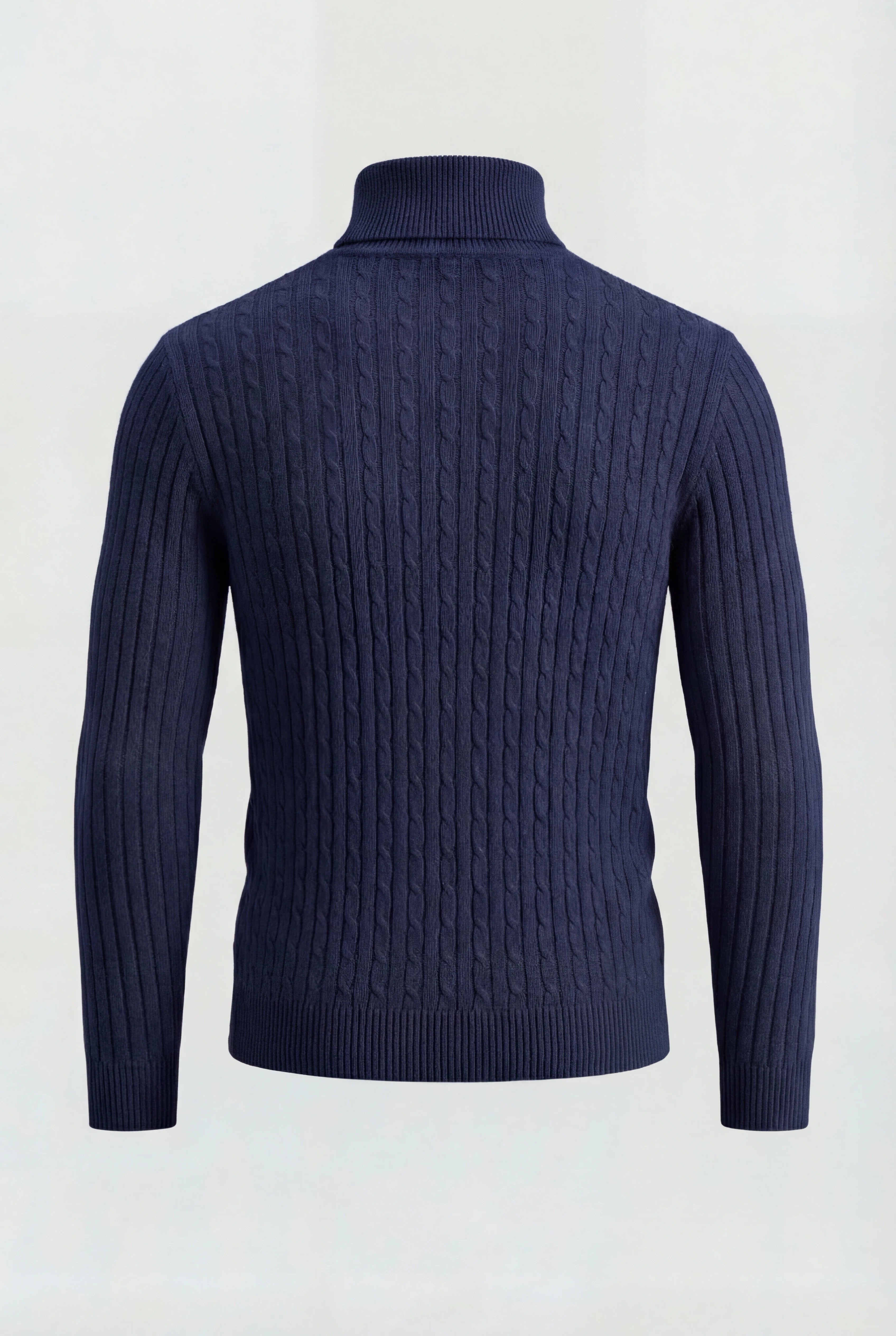 Herre rullekravesweater i kabelstrik med regular fit – Marineblå