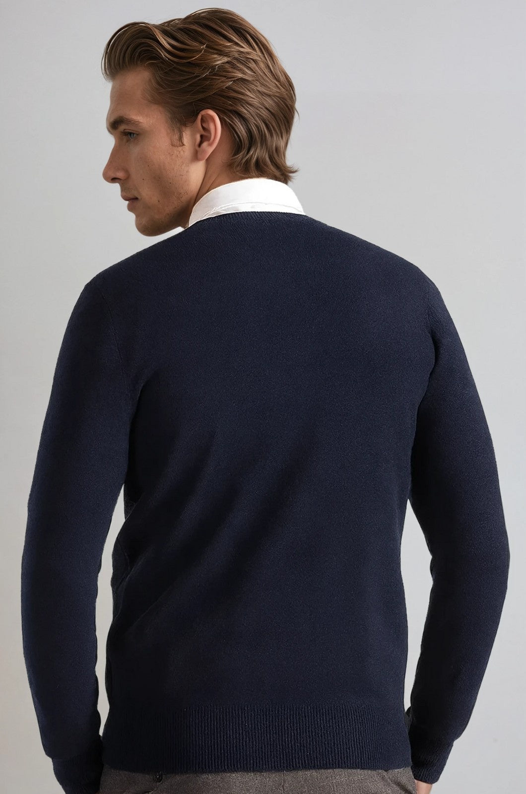 Herre Klassisk Crew Neck Pullover Sweater – Ensfarvet, Ribdetaljer, Casual Fit – Navy - - Sweater - Valmont Wear