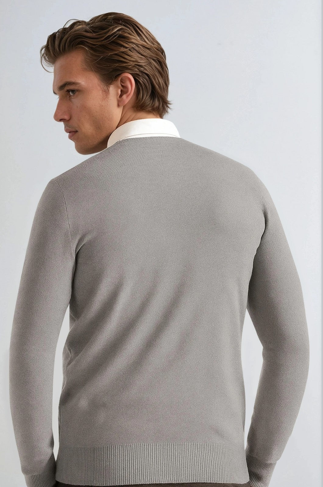 Herre Klassisk Crew Neck Pullover Sweater – Ensfarvet, Ribdetaljer, Casual Fit – Grå - - Sweatre - Valmont Wear