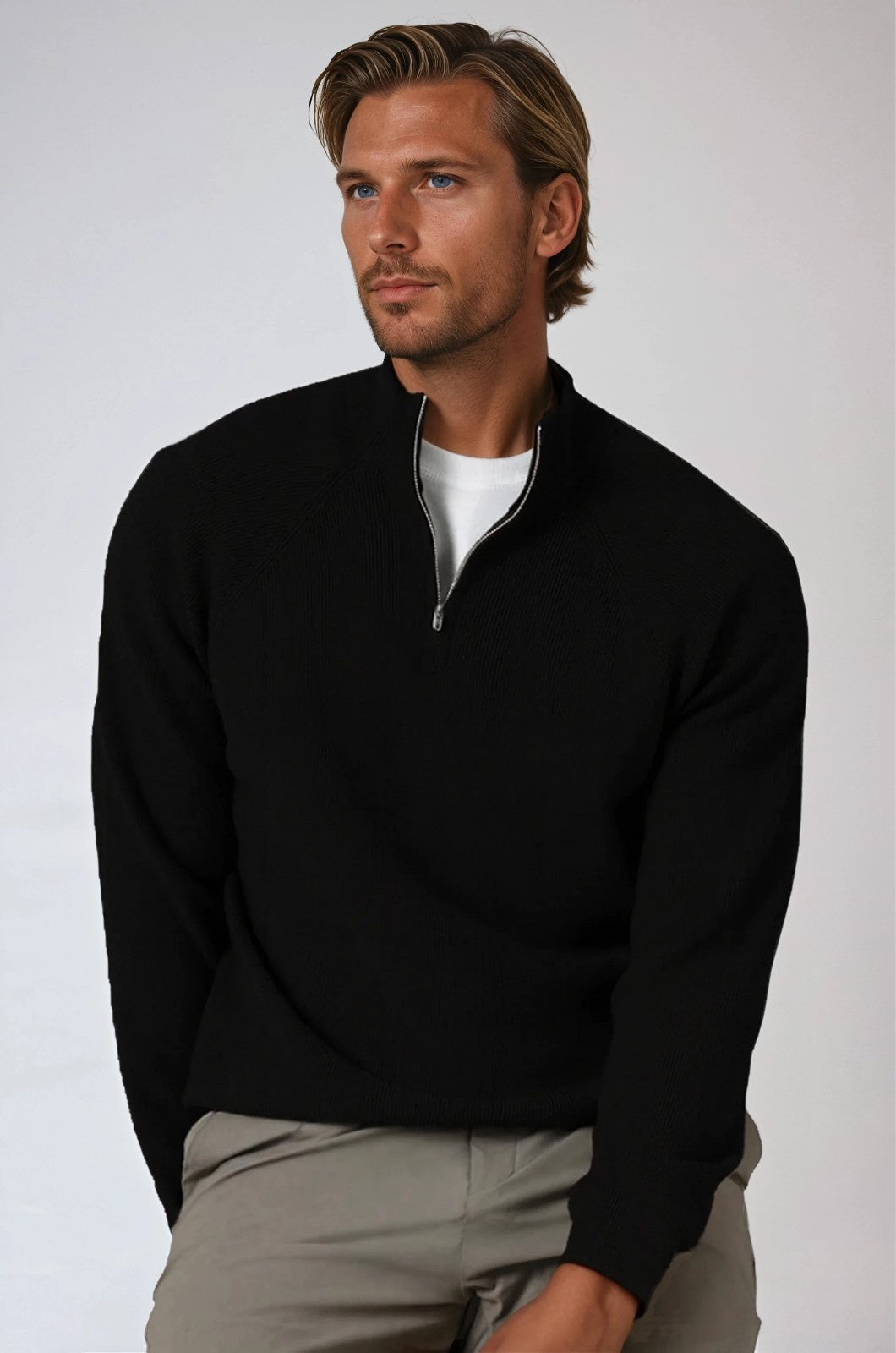 Herre Half-Zip Striktrøje med Ståkrave – Sort - - Striktrøje - Valmont Wear