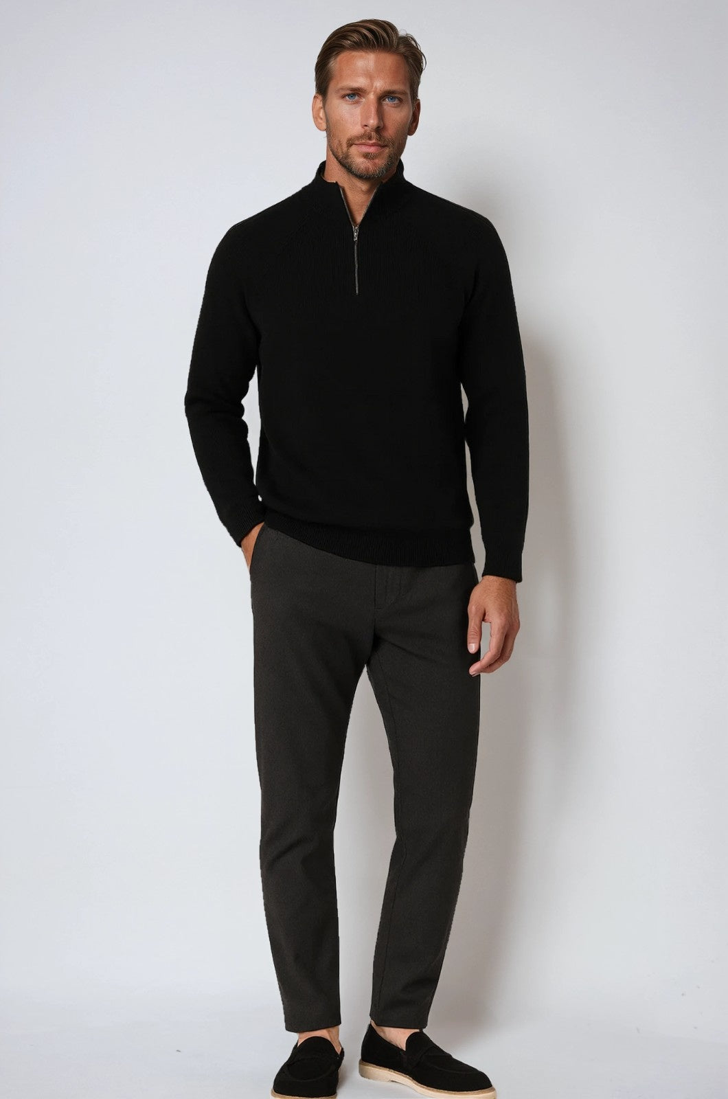 Herre Half-Zip Striktrøje med Ståkrave – Sort - - Striktrøje - Valmont Wear