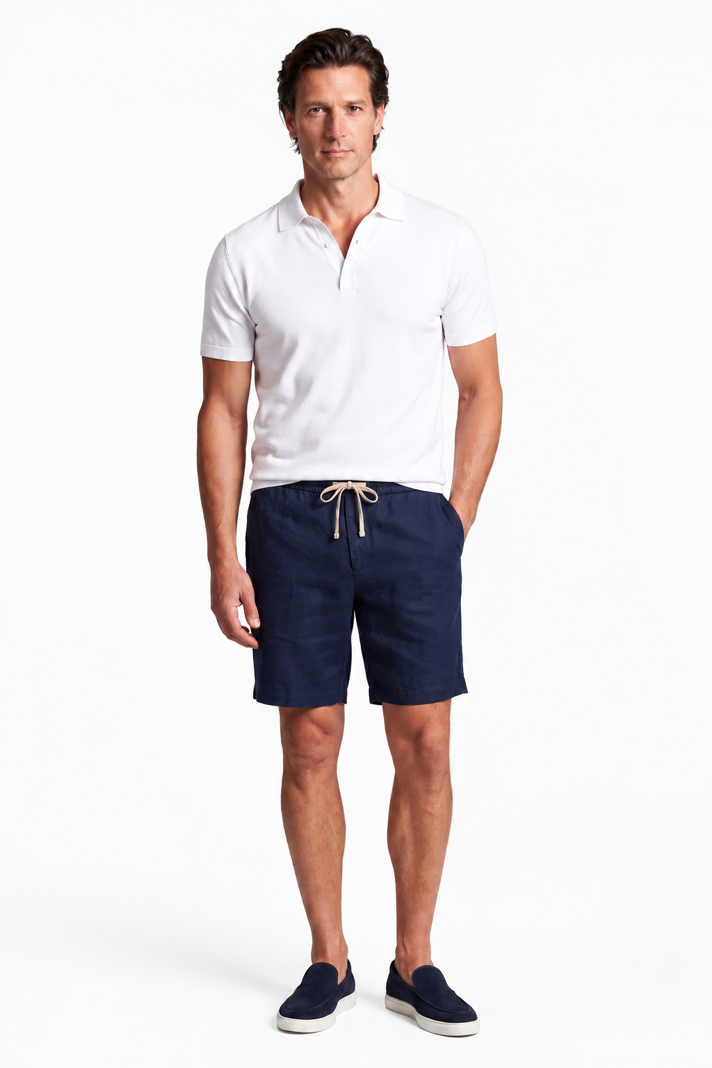 Men's Complete Summer Set - Knitted Polo, Linen Shorts & Suede Loafers - Cream & Navy