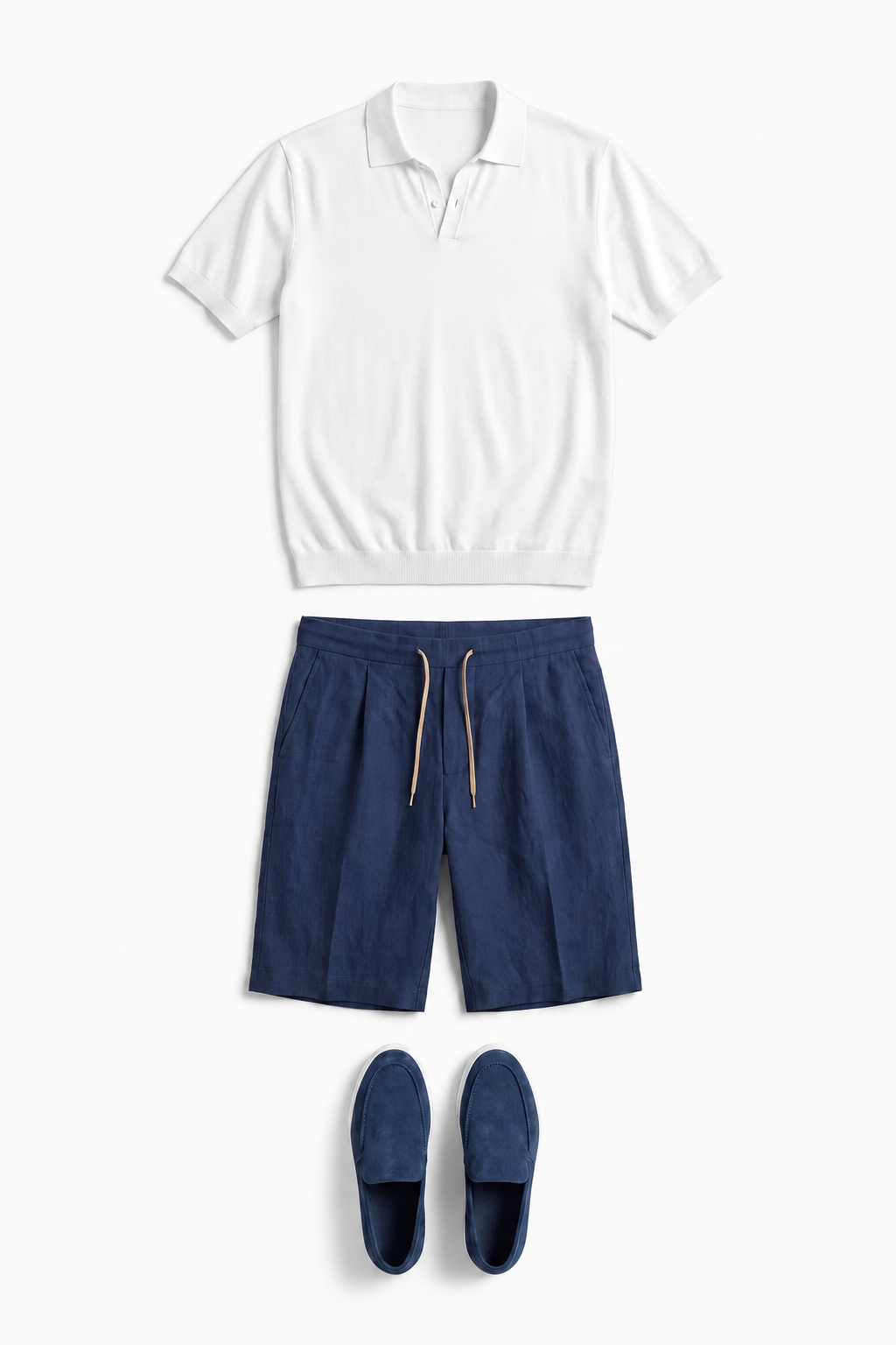 Men's Complete Summer Set - Knitted Polo, Linen Shorts & Suede Loafers - Cream & Navy