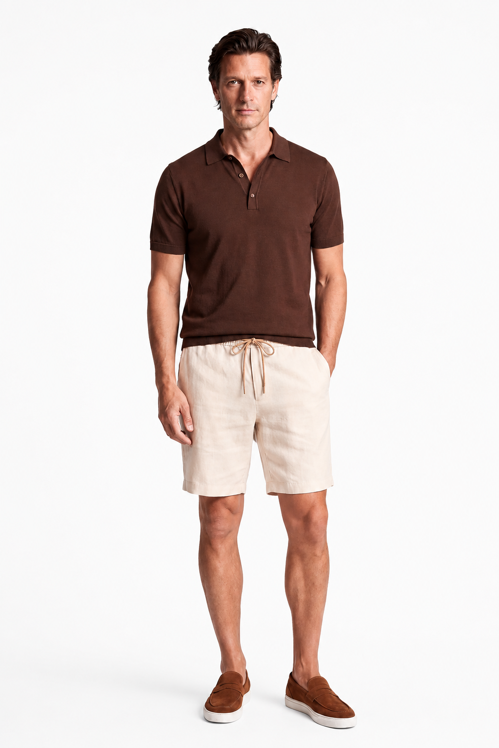 Komplet Sommer Sæt Mænd - Strikket Polo, Hør Shorts & Suede Loafers - Chokoladebrun & Cremehvid - - Sommer Sæt - Valmont Wear
