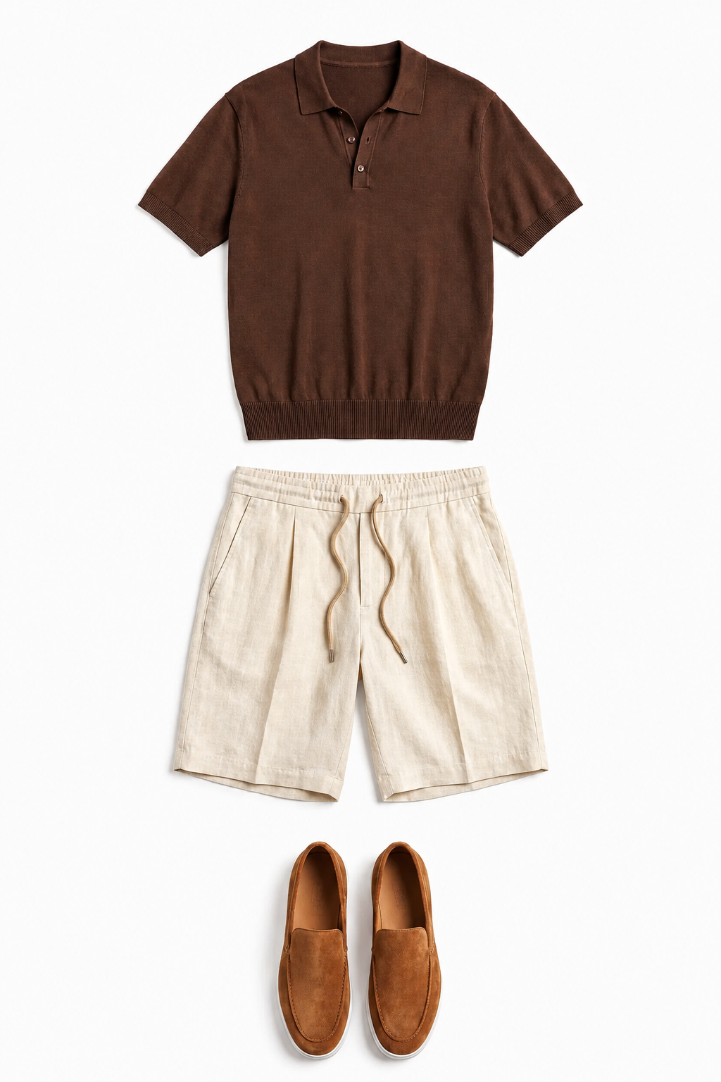 Komplet Sommer Sæt Mænd - Strikket Polo, Hør Shorts & Suede Loafers - Chokoladebrun & Cremehvid - 44 - Sommer Sæt - Valmont Wear