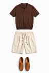 Komplet Sommer Sæt Mænd - Strikket Polo, Hør Shorts & Suede Loafers - Chokoladebrun & Cremehvid - 44 - Sommer Sæt - Valmont Wear