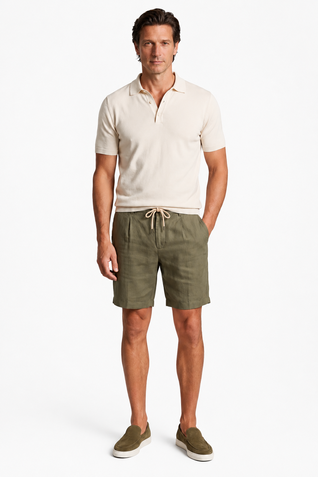 Hør Strikket Polo Sæt til Mænd - Olivengrøn & Cremehvid Sommer Sæt med Shorts - - Sommer Sæt - Valmont Wear