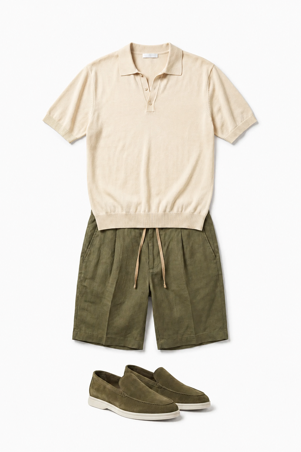 Hør Strikket Polo Sæt til Mænd - Olivengrøn & Cremehvid Sommer Sæt med Shorts - - Sommer Sæt - Valmont Wear