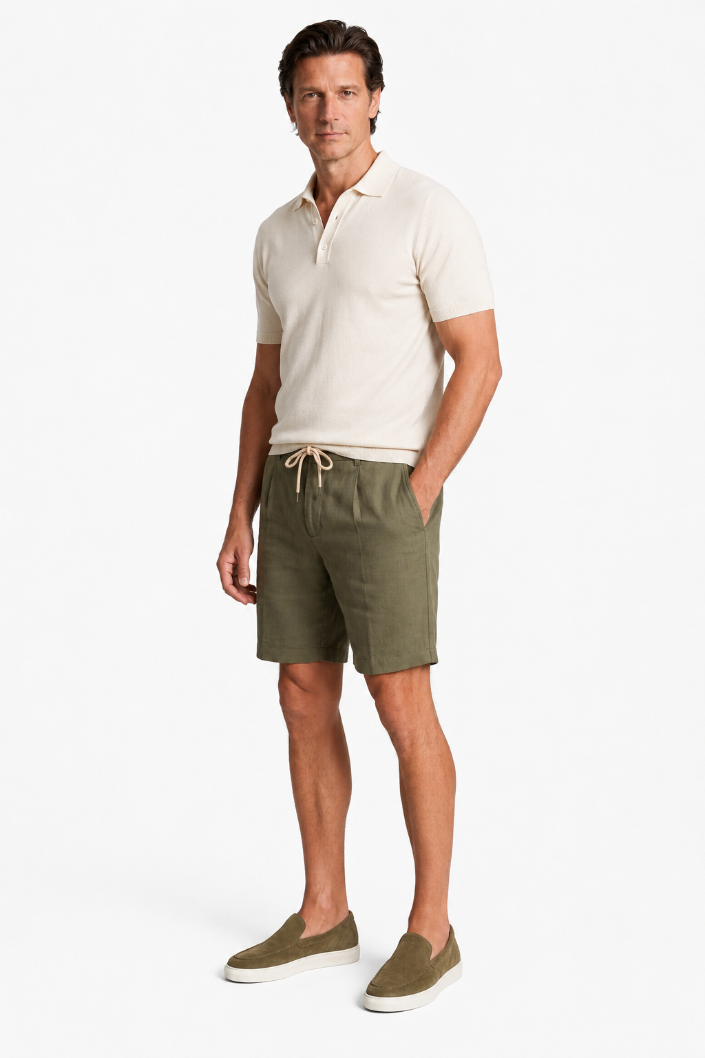 Hør Strikket Polo Sæt til Mænd - Olivengrøn & Cremehvid Sommer Sæt med Shorts - - Sommer Sæt - Valmont Wear