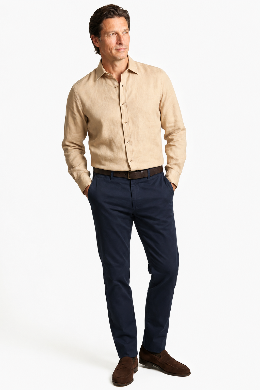 Sandfarvet Linskjorte til Mænd - Regular Fit i Mikrofibre - - Linskjorte - Valmont Wear