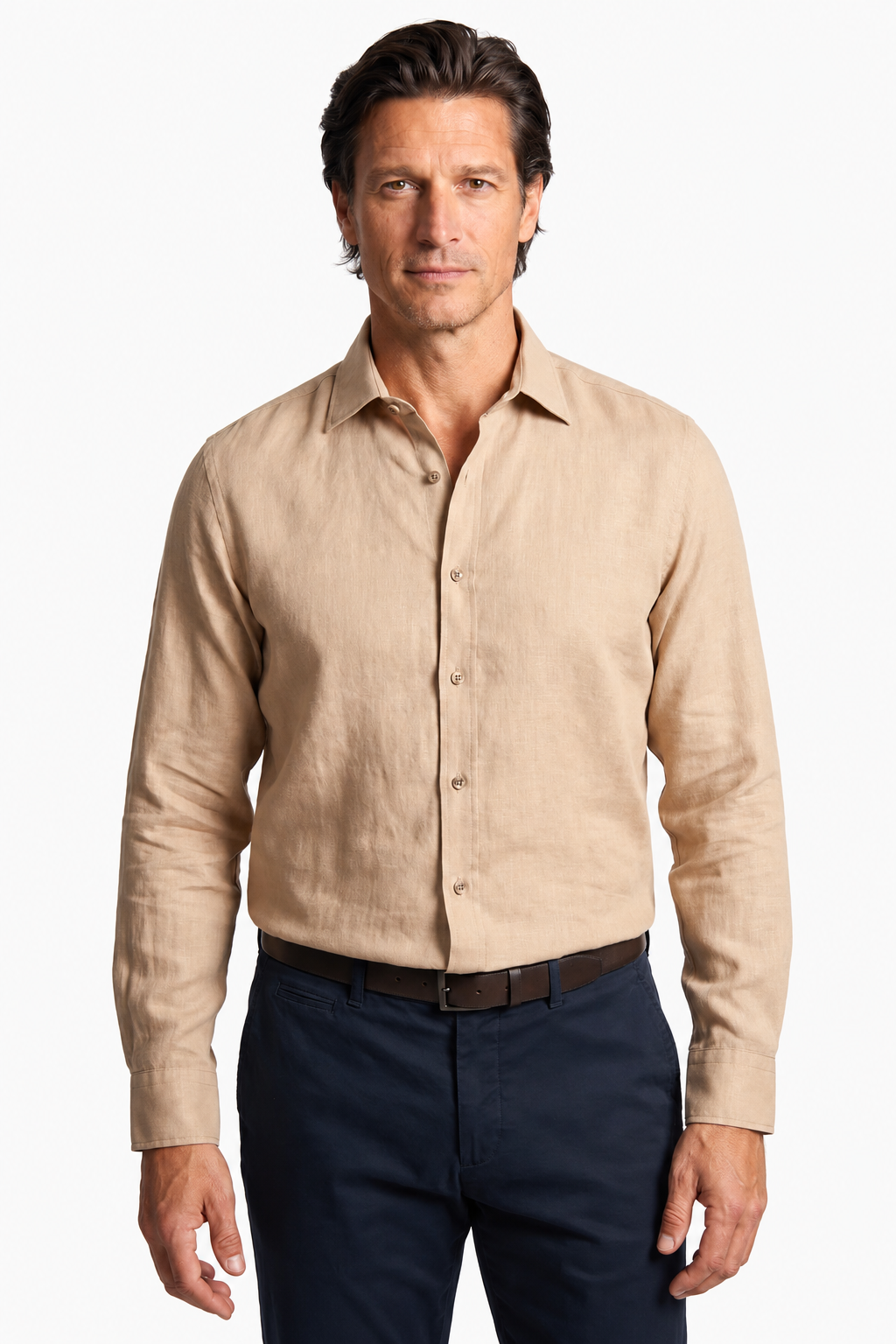 Sandfarvet Linskjorte til Mænd - Regular Fit i Mikrofibre - - Linskjorte - Valmont Wear
