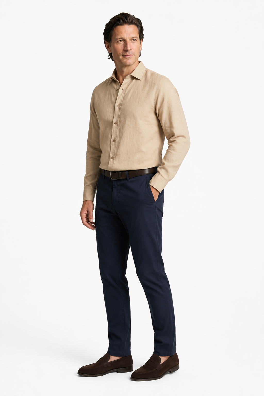 Sandfarvet Linskjorte til Mænd - Regular Fit i Mikrofibre - - Linskjorte - Valmont Wear