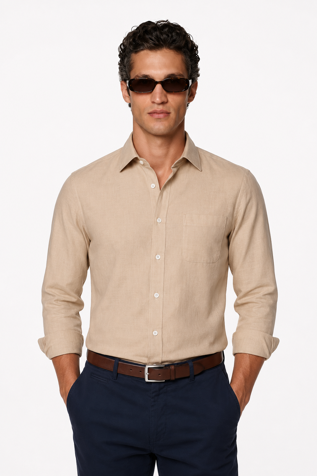Linskjorte til Mænd – Sandfarvet Regular Fit i 100% Lin - - Linskjorte - Valmont Wear