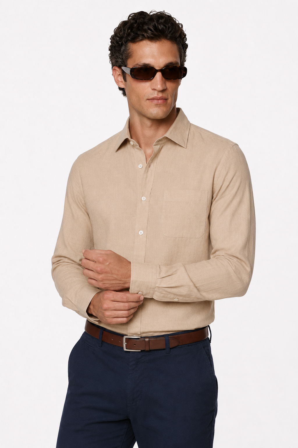 Linskjorte til Mænd – Sandfarvet Regular Fit i 100% Lin - - Linskjorte - Valmont Wear