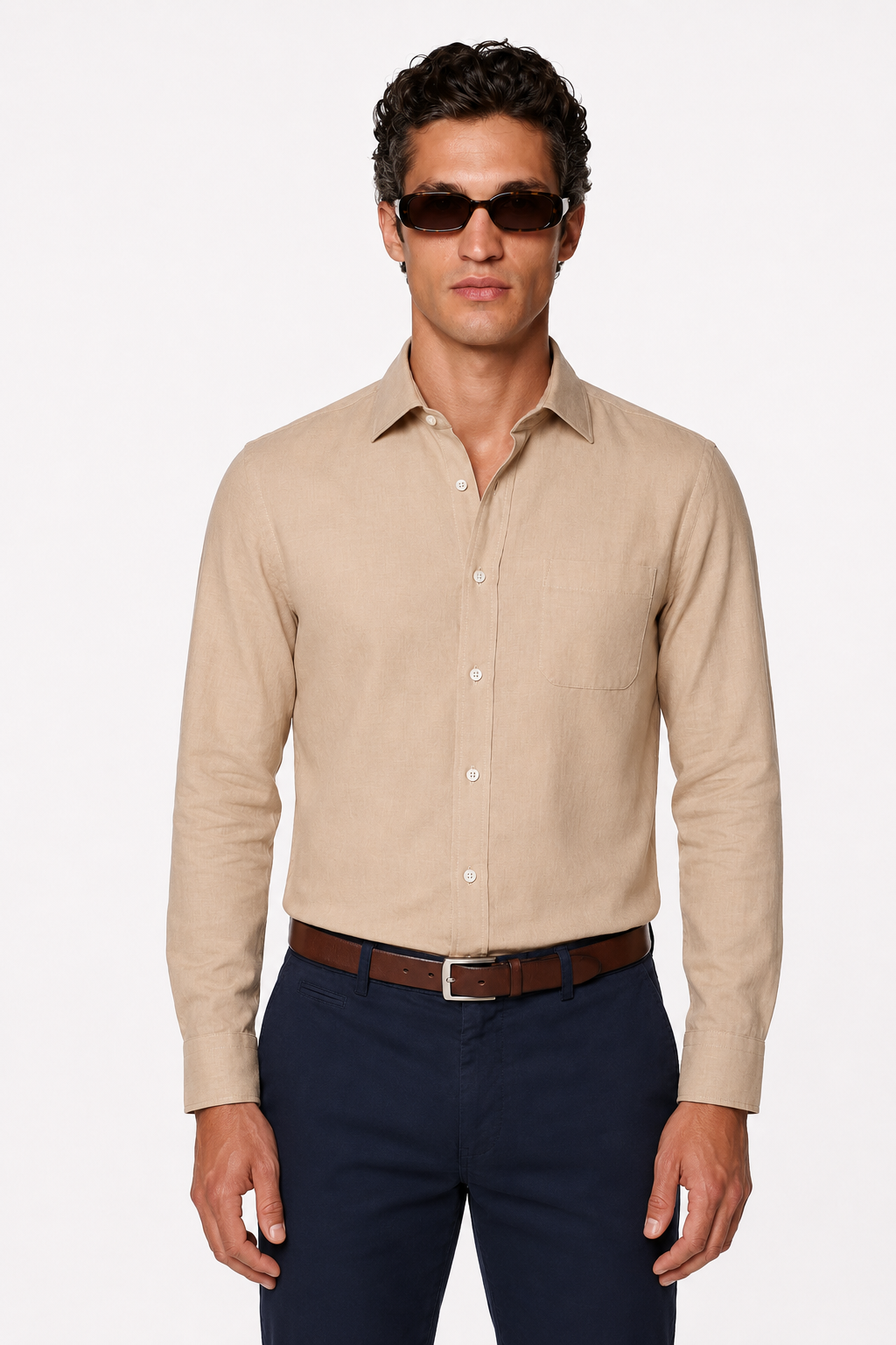 Linskjorte til Mænd – Sandfarvet Regular Fit i 100% Lin - - Linskjorte - Valmont Wear