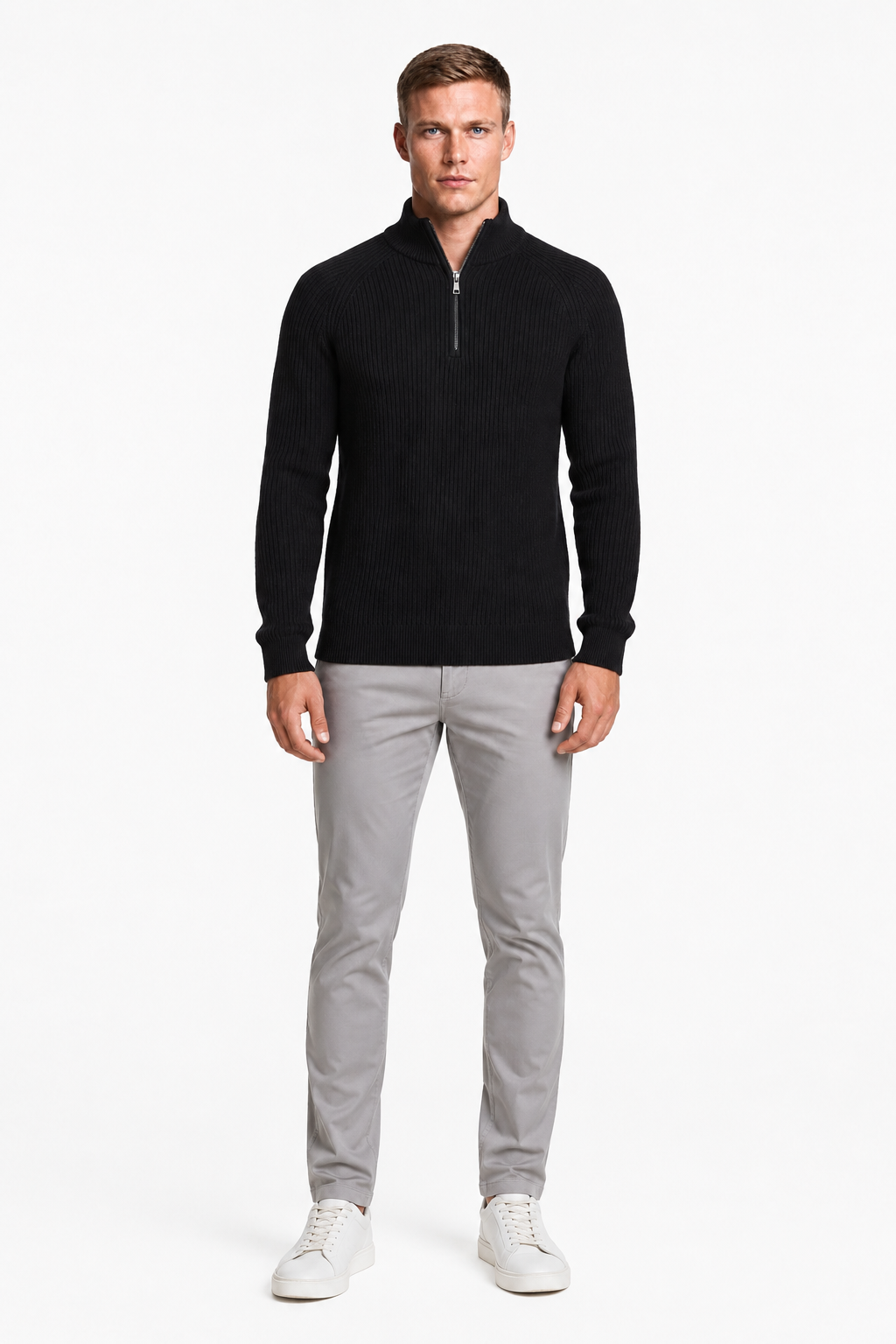 Striktrøje til mænd med halv lynlås og ståhals i sort strik - - Sweatre - Valmont Wear