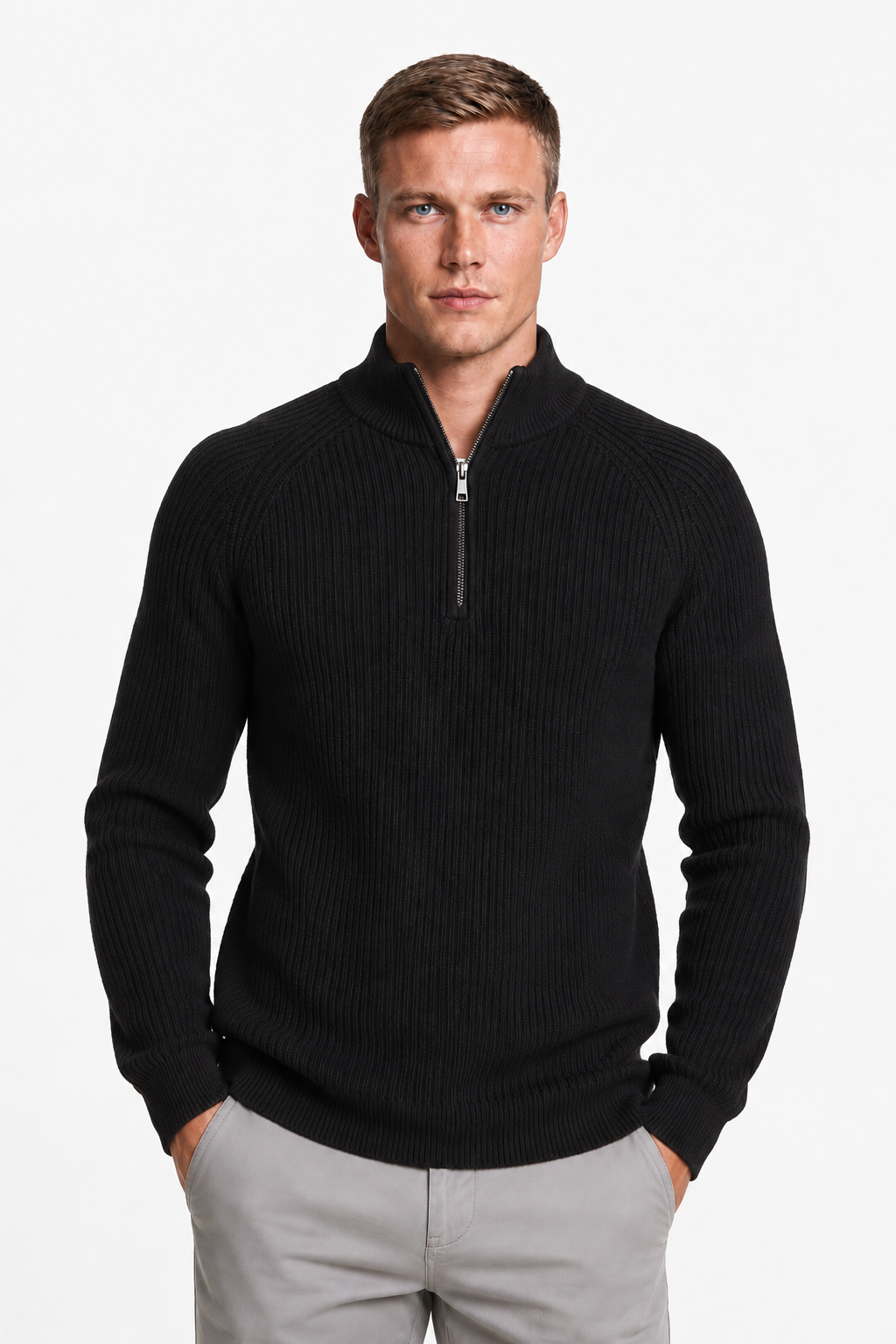 Striktrøje til mænd med halv lynlås og ståhals i sort strik - - Sweatre - Valmont Wear