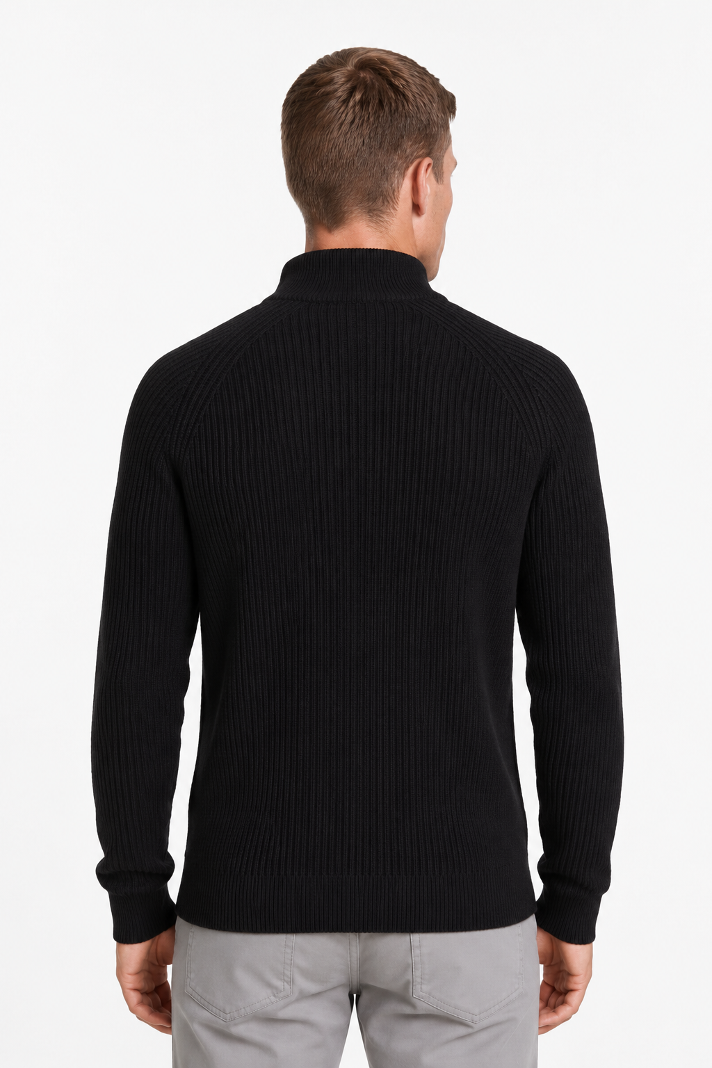 Striktrøje til mænd med halv lynlås og ståhals i sort strik - - Sweatre - Valmont Wear