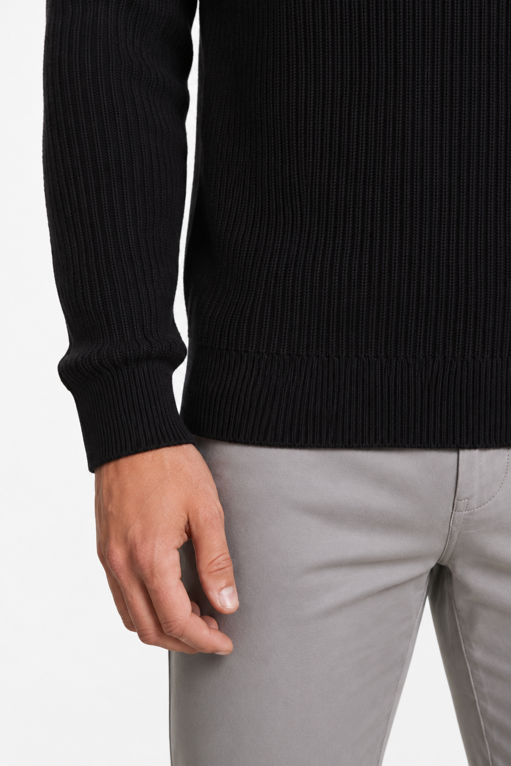 Striktrøje til mænd med halv lynlås og ståhals i sort strik - - Sweatre - Valmont Wear