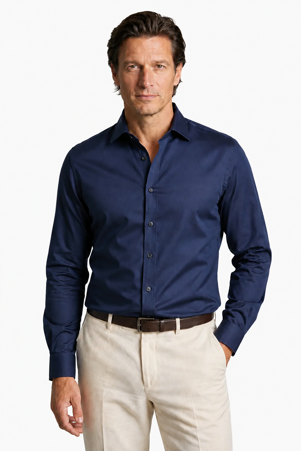 Herreskjorte Marineblå Regular Fit i Polyester – Komfortabel, Stilfuld & Holdbar - - Linskjorte - Valmont Wear