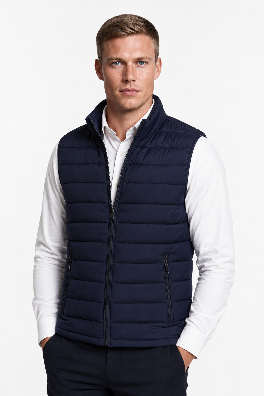 Puffervest til mænd: Marineblå polyestervest til hverdagsbrug og udendørsaktiviteter - - Puffer Vest - Valmont Wear