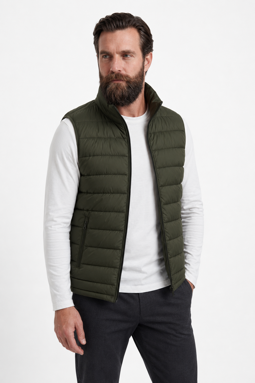 Herre Dunvest – Armygrøn Letvægts Puffer Vest med Lynlås. Varm til Hverdag. - - Puffer Vest - Valmont Wear