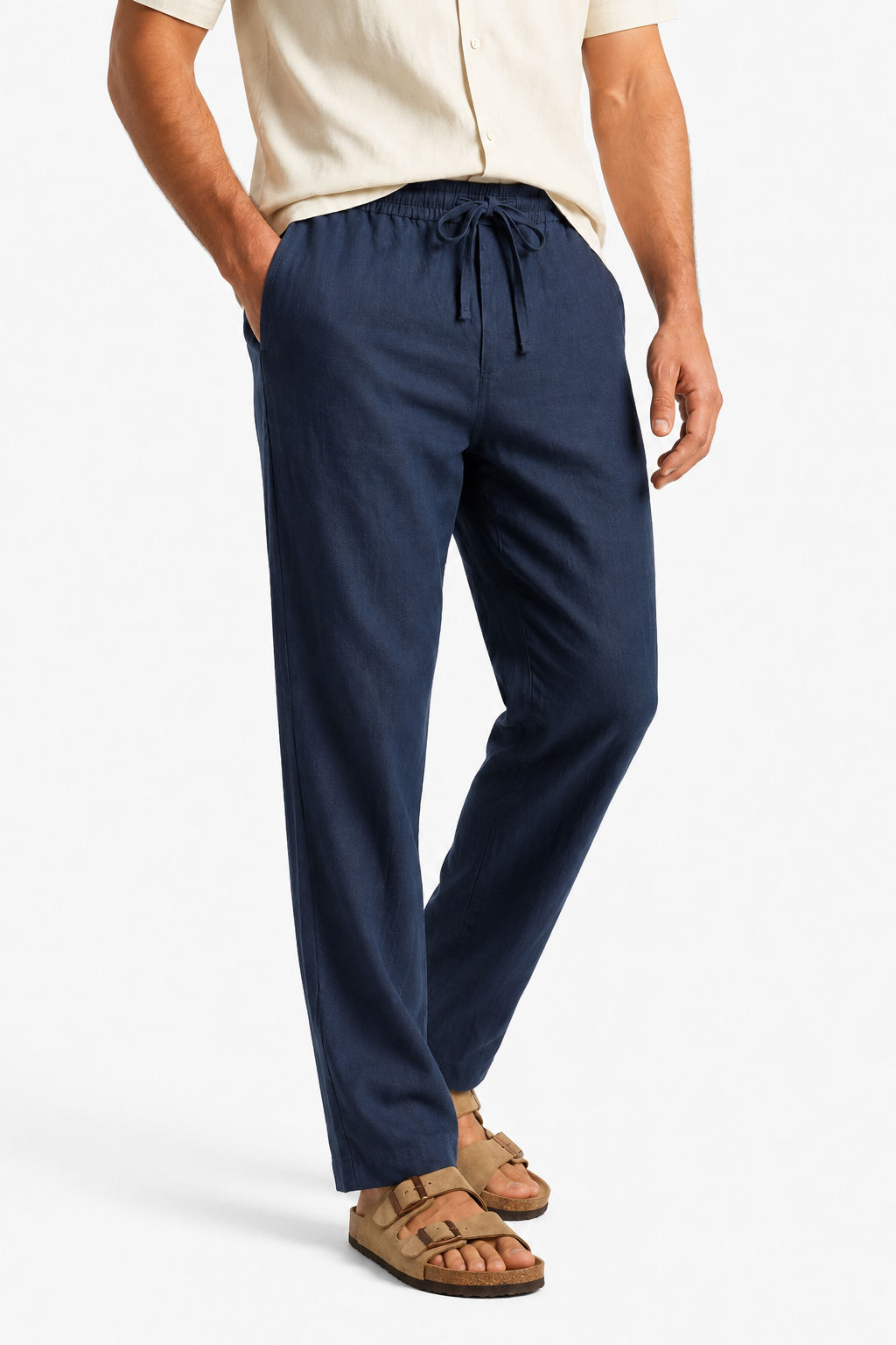 Herrebukser i Marineblå Linned-Look med Trekkord – Komfortable & Stilfulde - - Bukser - Valmont Wear