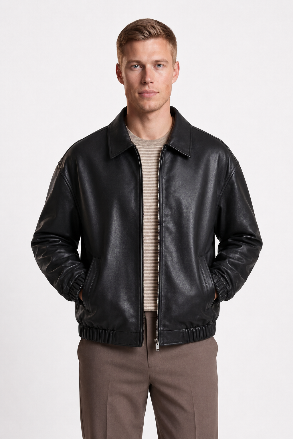 Herre Sort PU Læderjakke med Lynlås – Klassisk Casual Design - - Jakker - Valmont Wear