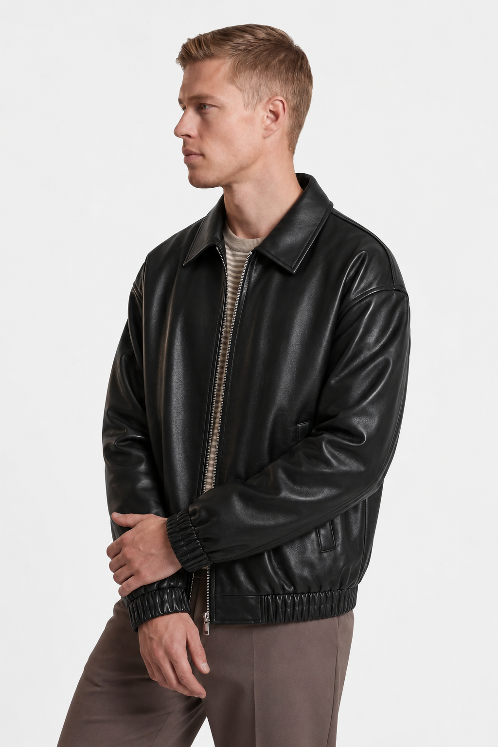 Herre Sort PU Læderjakke med Lynlås – Klassisk Casual Design - - Jakker - Valmont Wear