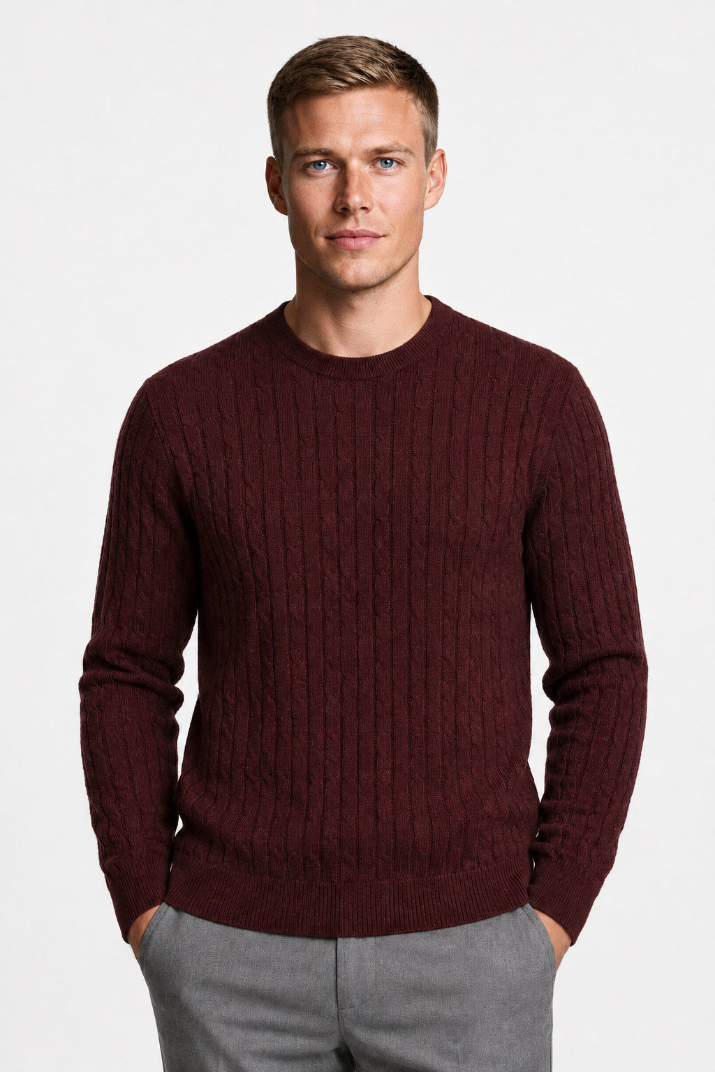 Herre Ribstrikket Sweater i Bl Blød Bourgogne Bomuld Rund Hals - - Sweatre - Valmont Wear