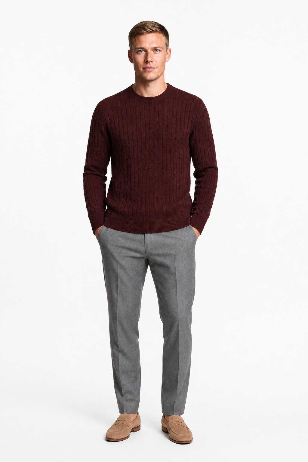 Herre Ribstrikket Sweater i Bl Blød Bourgogne Bomuld Rund Hals - - Sweatre - Valmont Wear