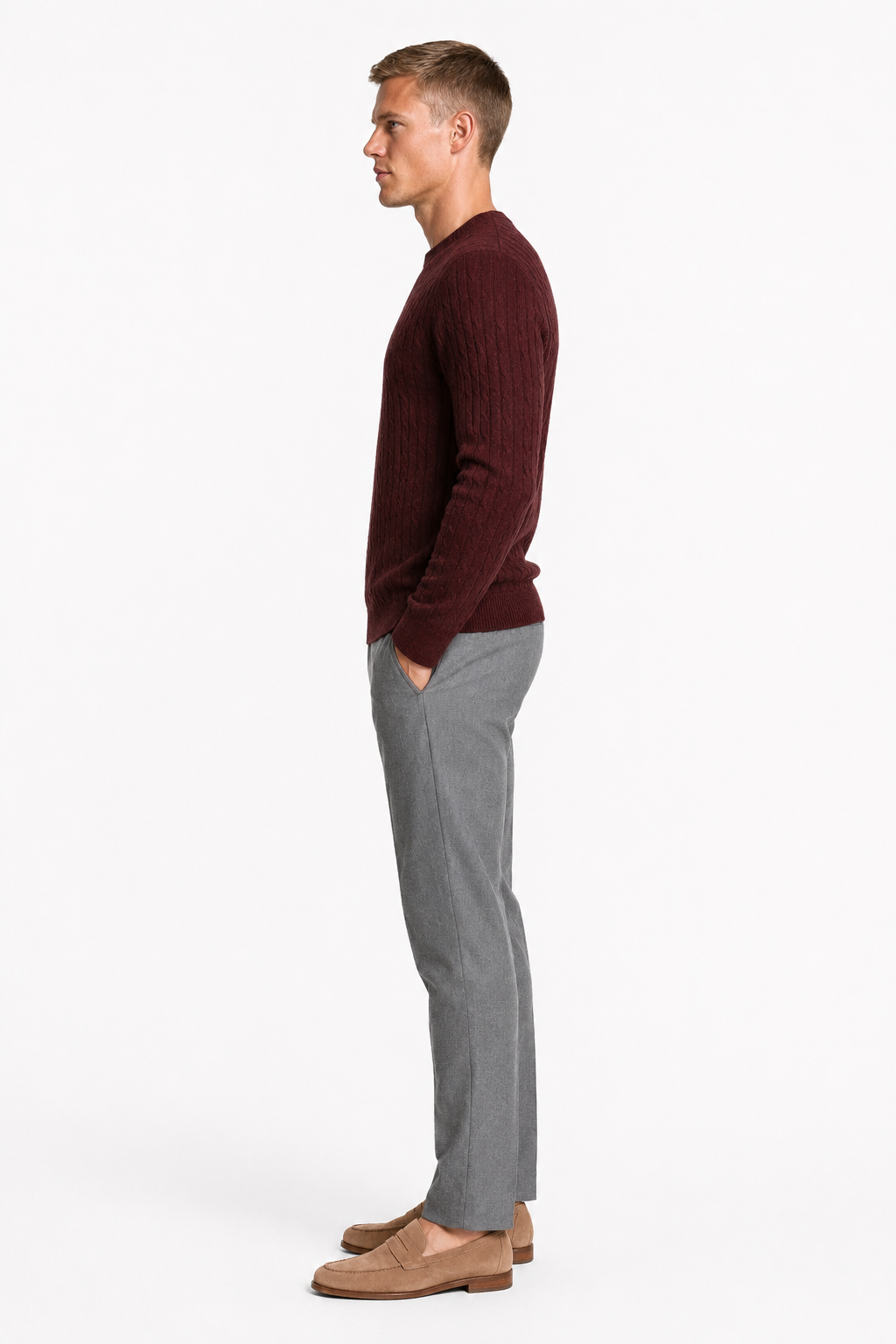 Herre Ribstrikket Sweater i Bl Blød Bourgogne Bomuld Rund Hals - - Sweatre - Valmont Wear