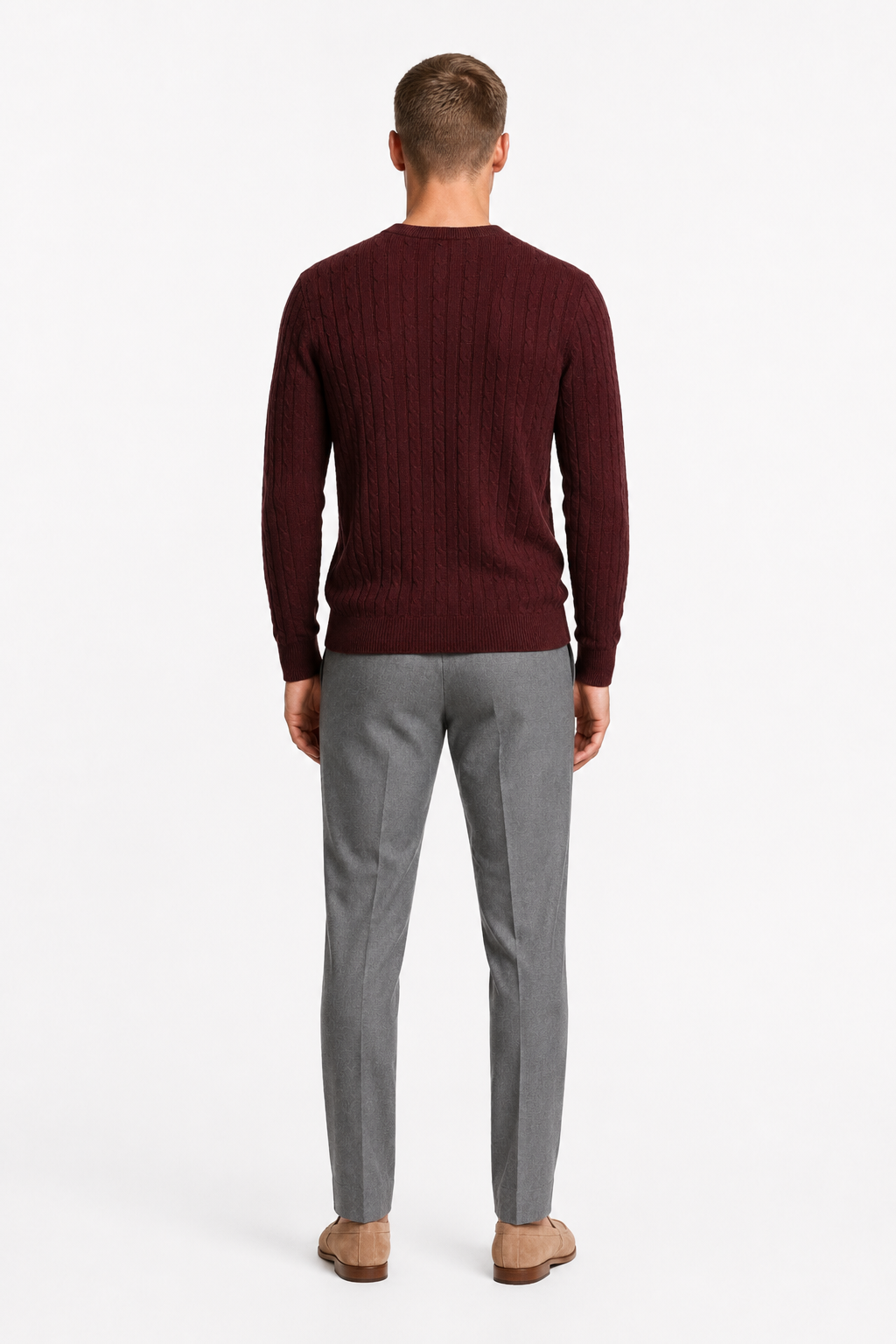 Herre Ribstrikket Sweater i Bl Blød Bourgogne Bomuld Rund Hals - - Sweatre - Valmont Wear