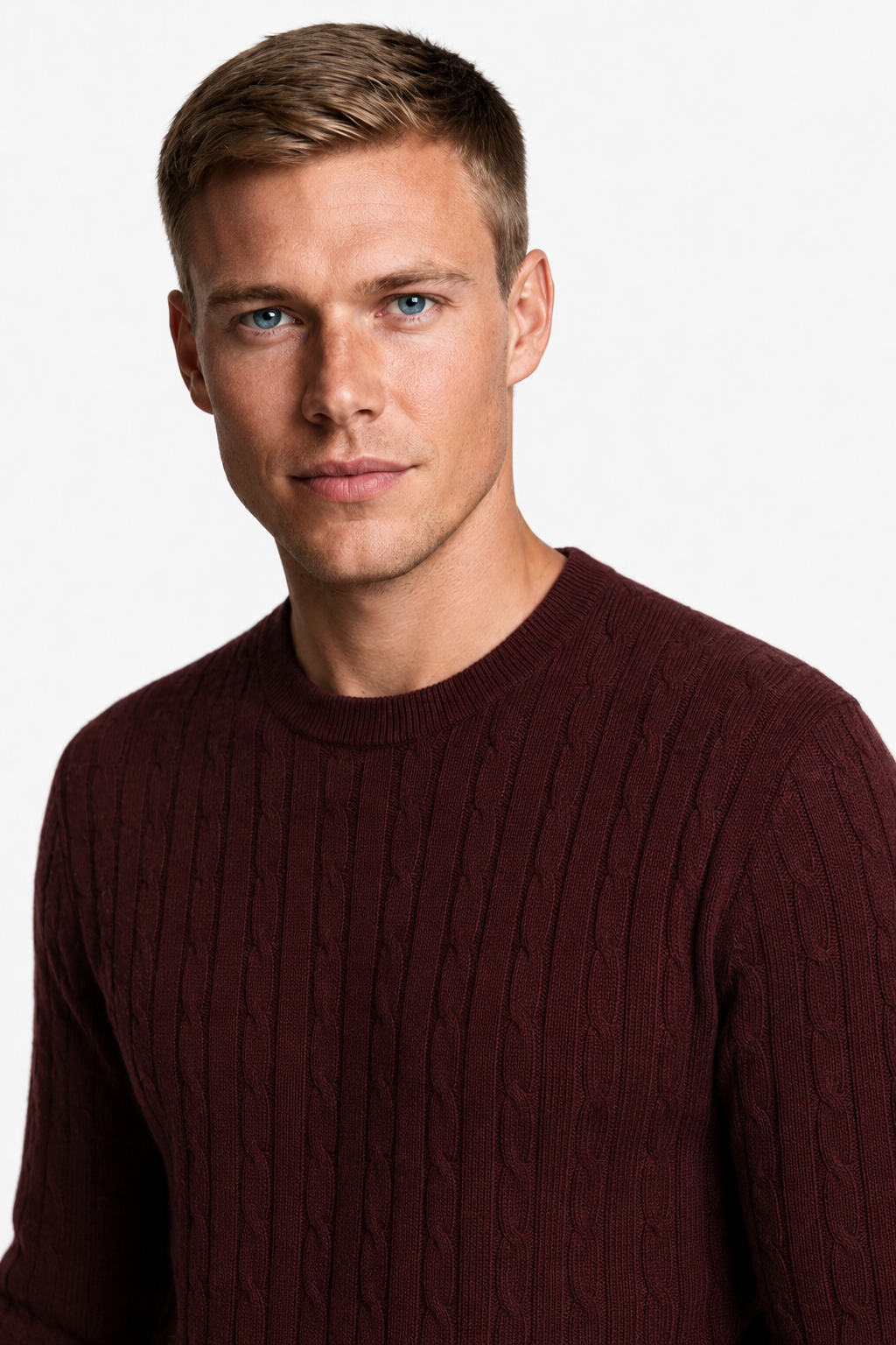 Herre Ribstrikket Sweater i Bl Blød Bourgogne Bomuld Rund Hals - - Sweatre - Valmont Wear