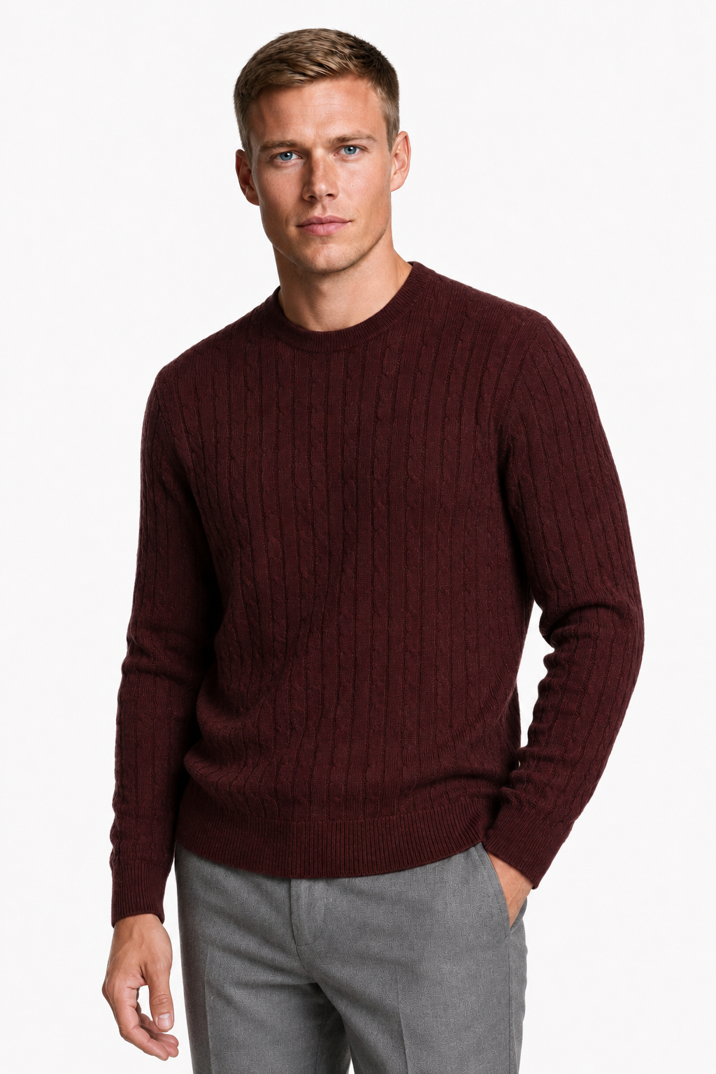 Herre Ribstrikket Sweater i Bl Blød Bourgogne Bomuld Rund Hals - - Sweatre - Valmont Wear