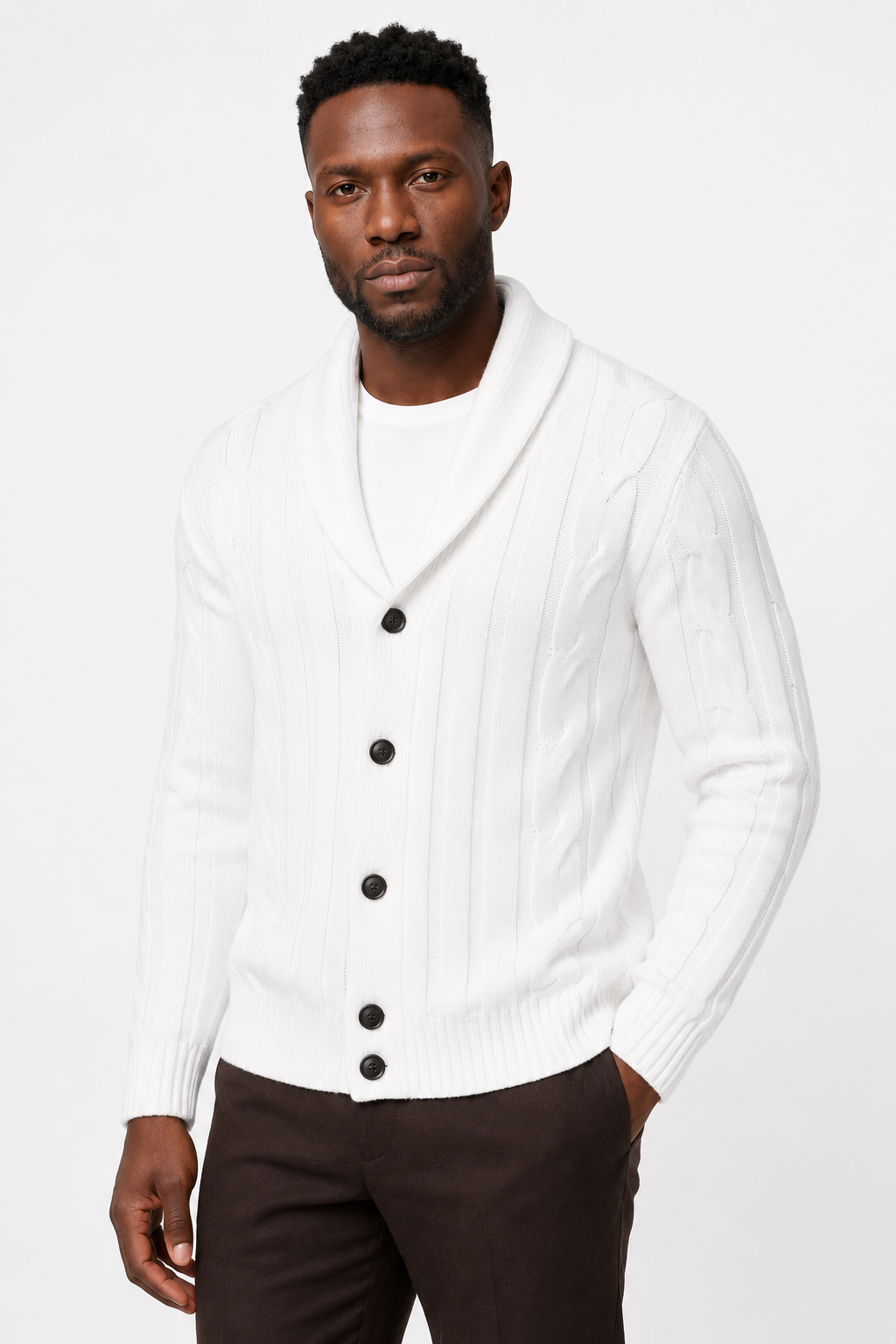 Strikket Cardigan med Sjalskrave - Cremehvid - Premium Uld-Blanding - - Cardigans - Valmont Wear