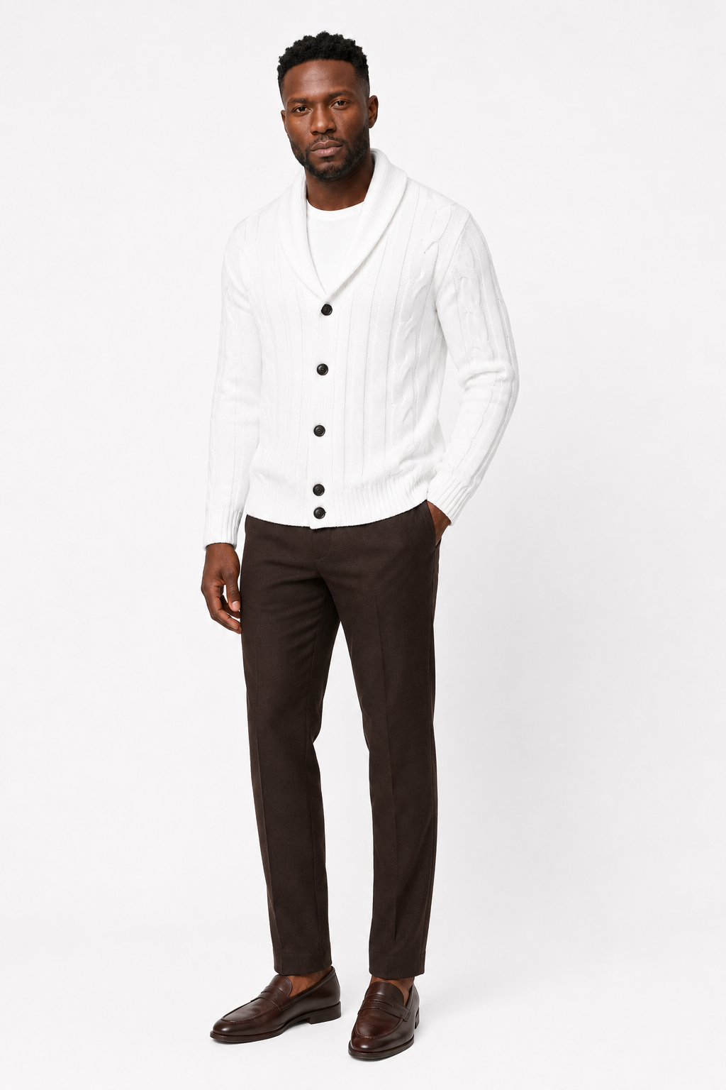 Strikket Cardigan med Sjalskrave - Cremehvid - Premium Uld-Blanding - - Cardigans - Valmont Wear