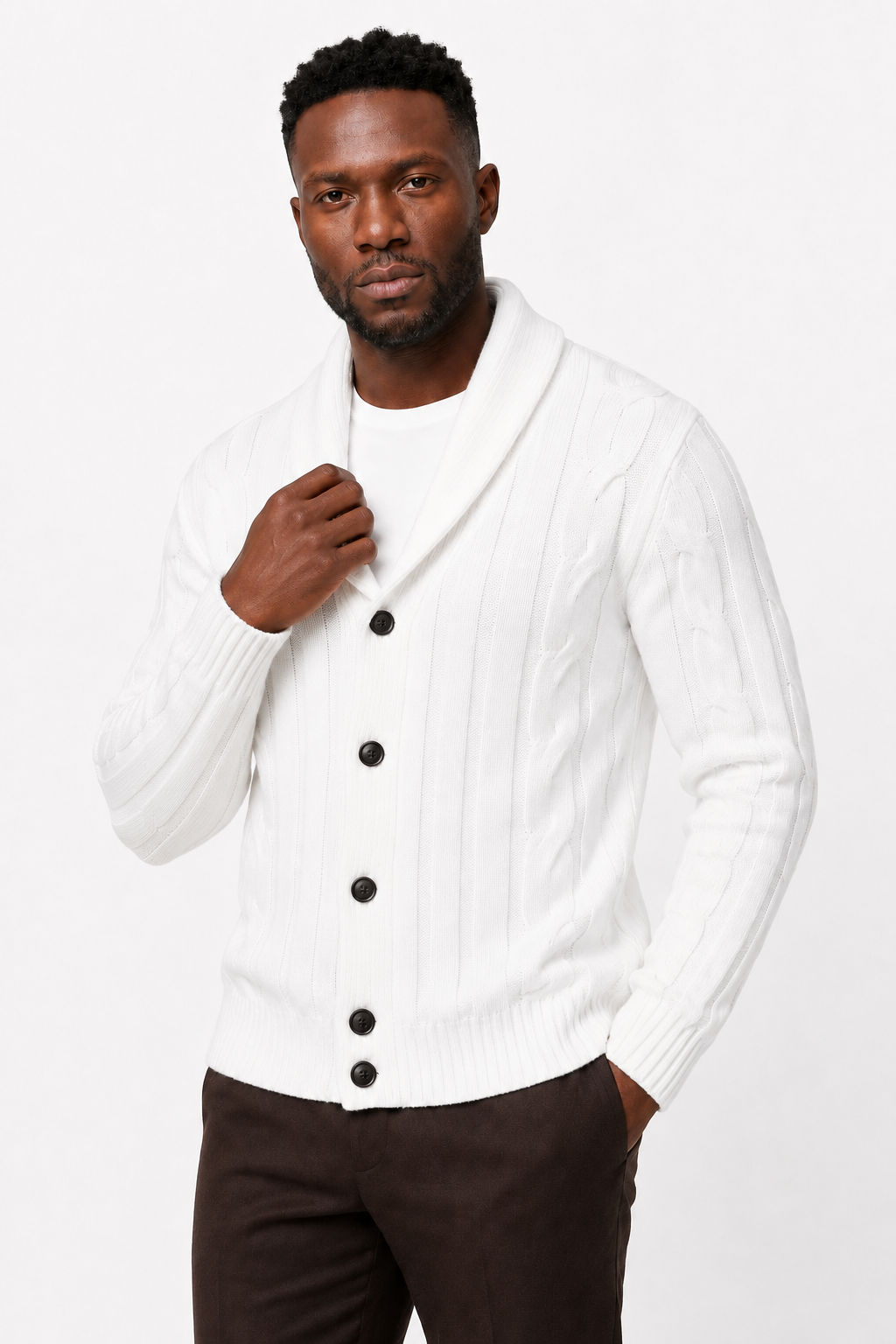 Strikket Cardigan med Sjalskrave - Cremehvid - Premium Uld-Blanding - - Cardigans - Valmont Wear
