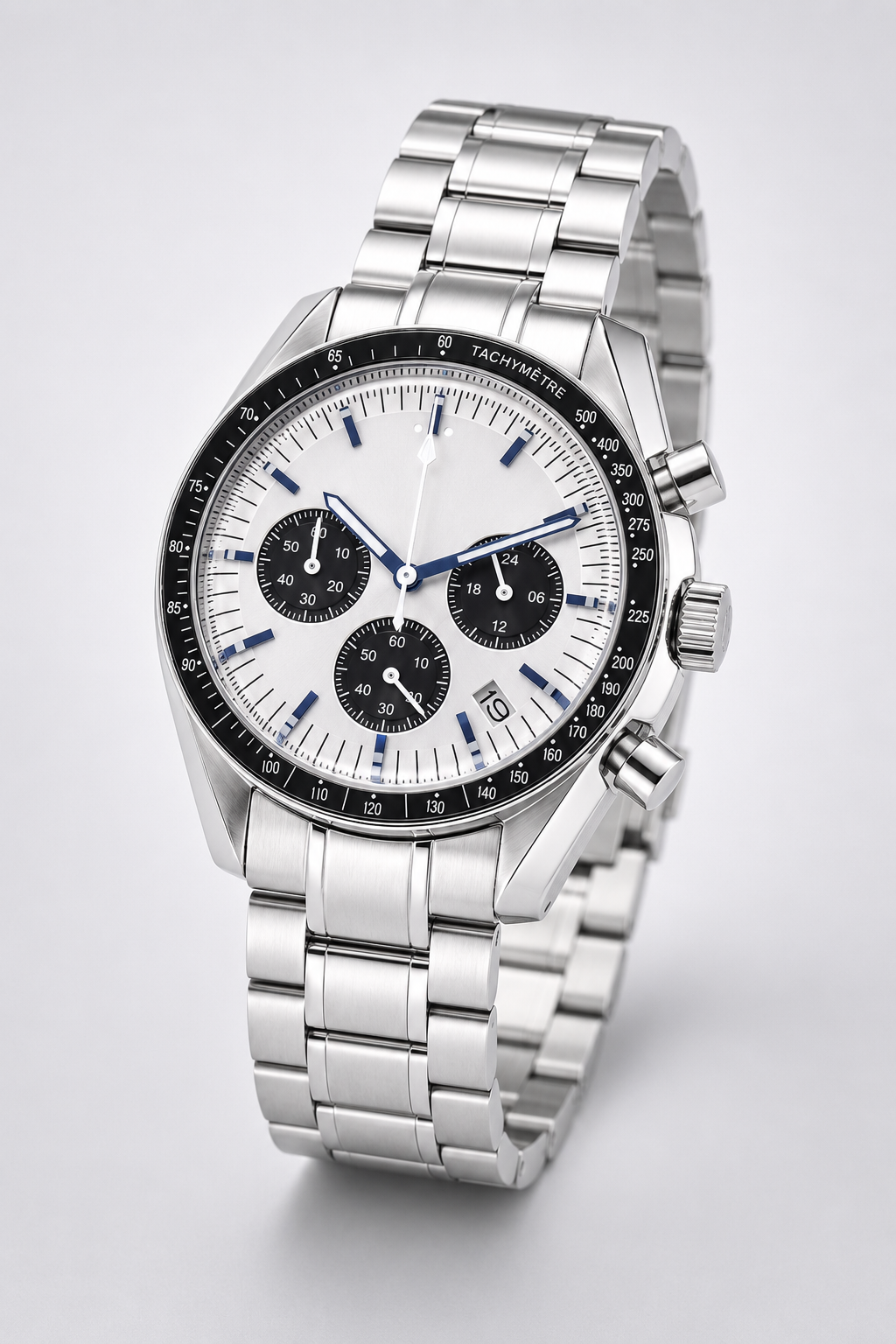 Miesten kronografikello – valkoinen panda-taulu, ruostumaton teräs, takymetri ja 42 mm kotelo