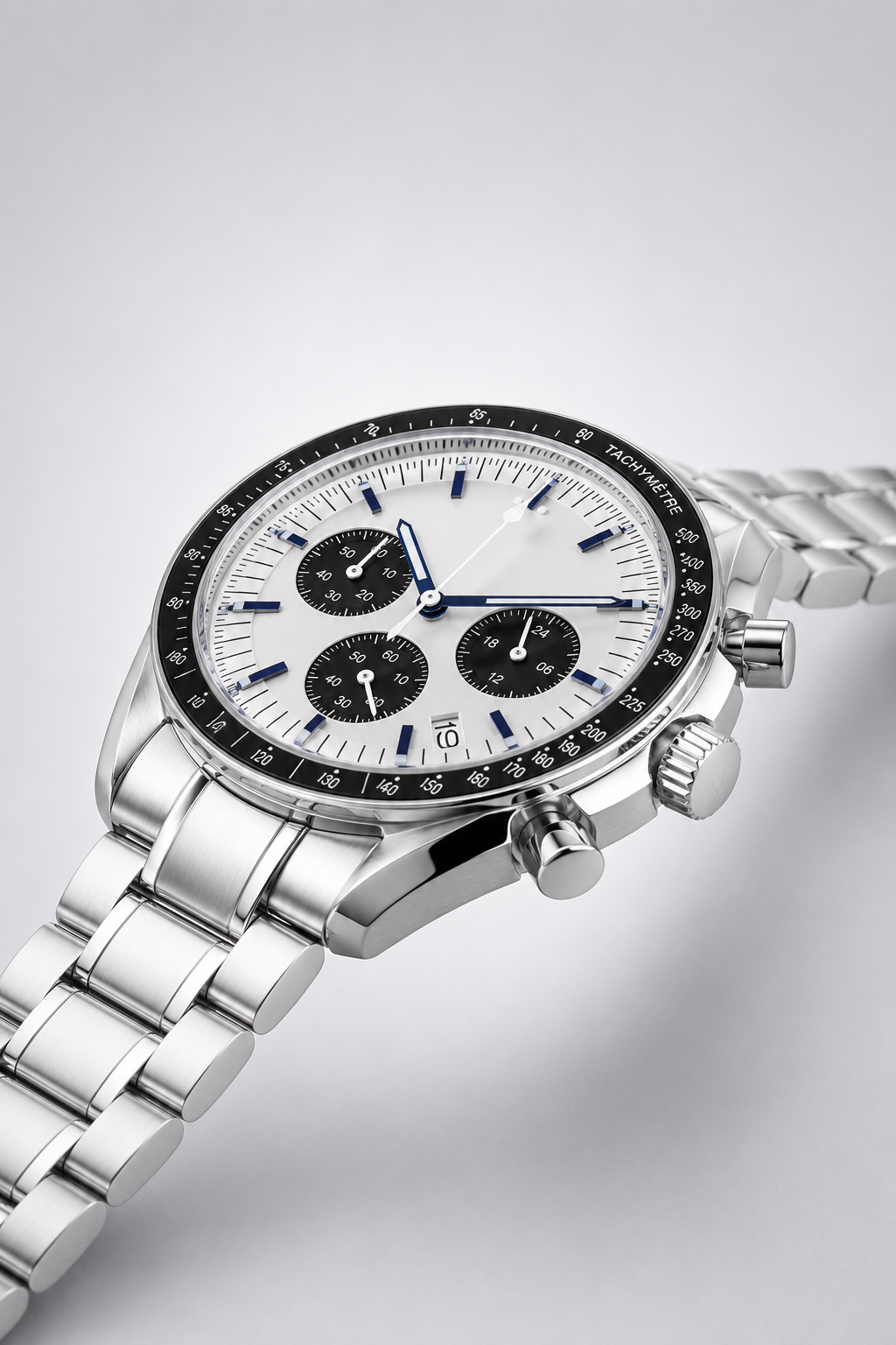 Miesten kronografikello – valkoinen panda-taulu, ruostumaton teräs, takymetri ja 42 mm kotelo