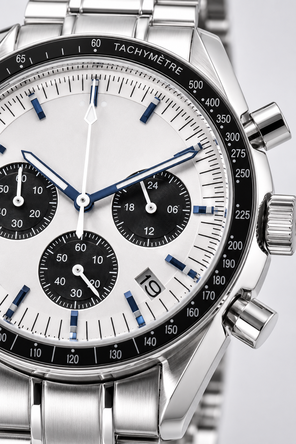 Miesten kronografikello – valkoinen panda-taulu, ruostumaton teräs, takymetri ja 42 mm kotelo