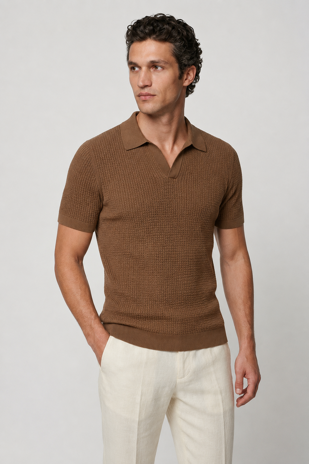 Ribbed Polo for Men - Espresso - Premium Knit Polo