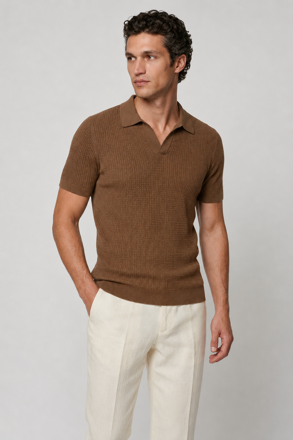 Ribbed Polo for Men - Espresso - Premium Knit Polo