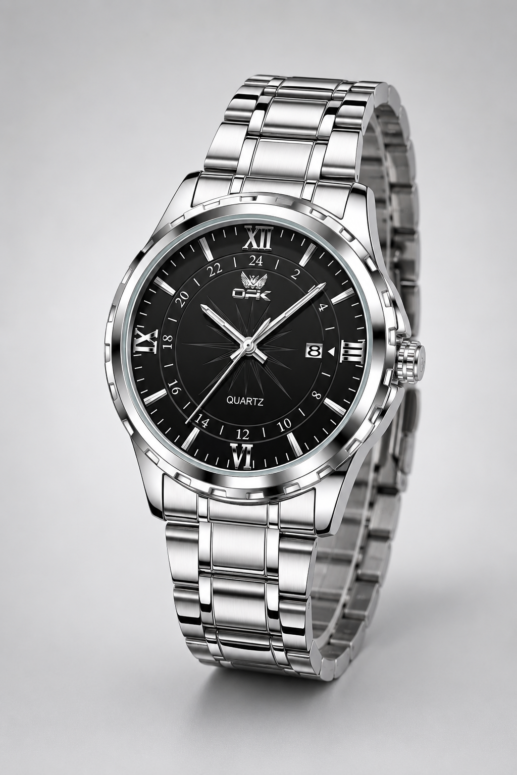 Men's Watch Black Steel – Elegant Quartz Watch with Date, 50M Water Resistant & Stainless Steel Bracelet