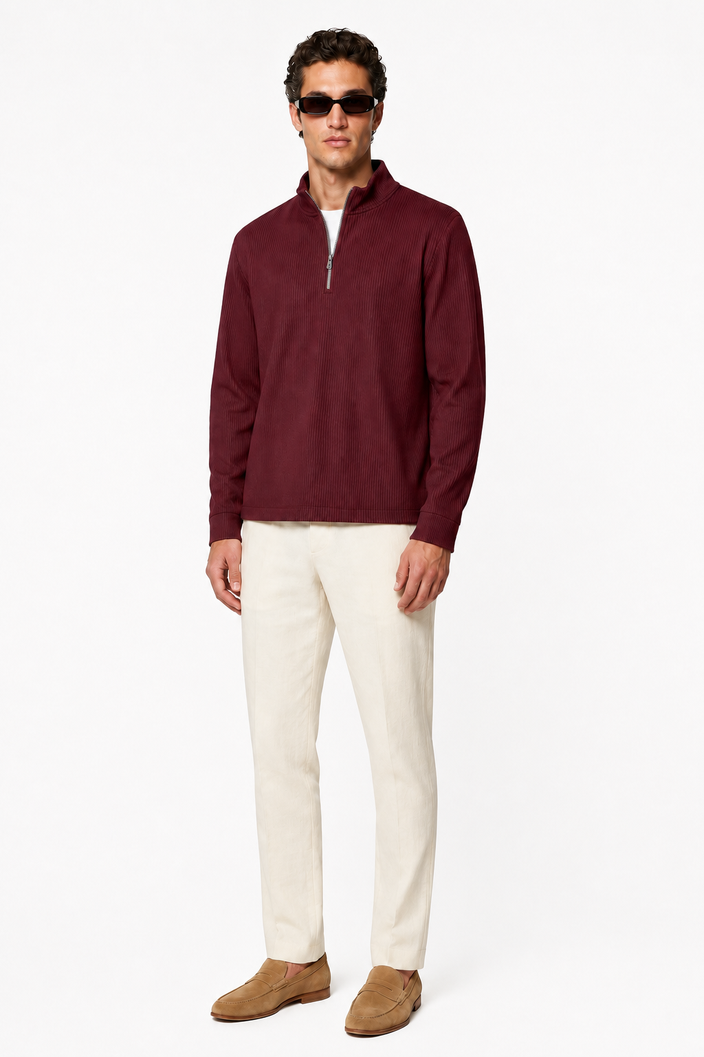 Herre Half-Zip Striktrøje i Bourgogne - Blød Bomuldsstrik med Klassisk Ståkrave - - Sweatre - Valmont Wear