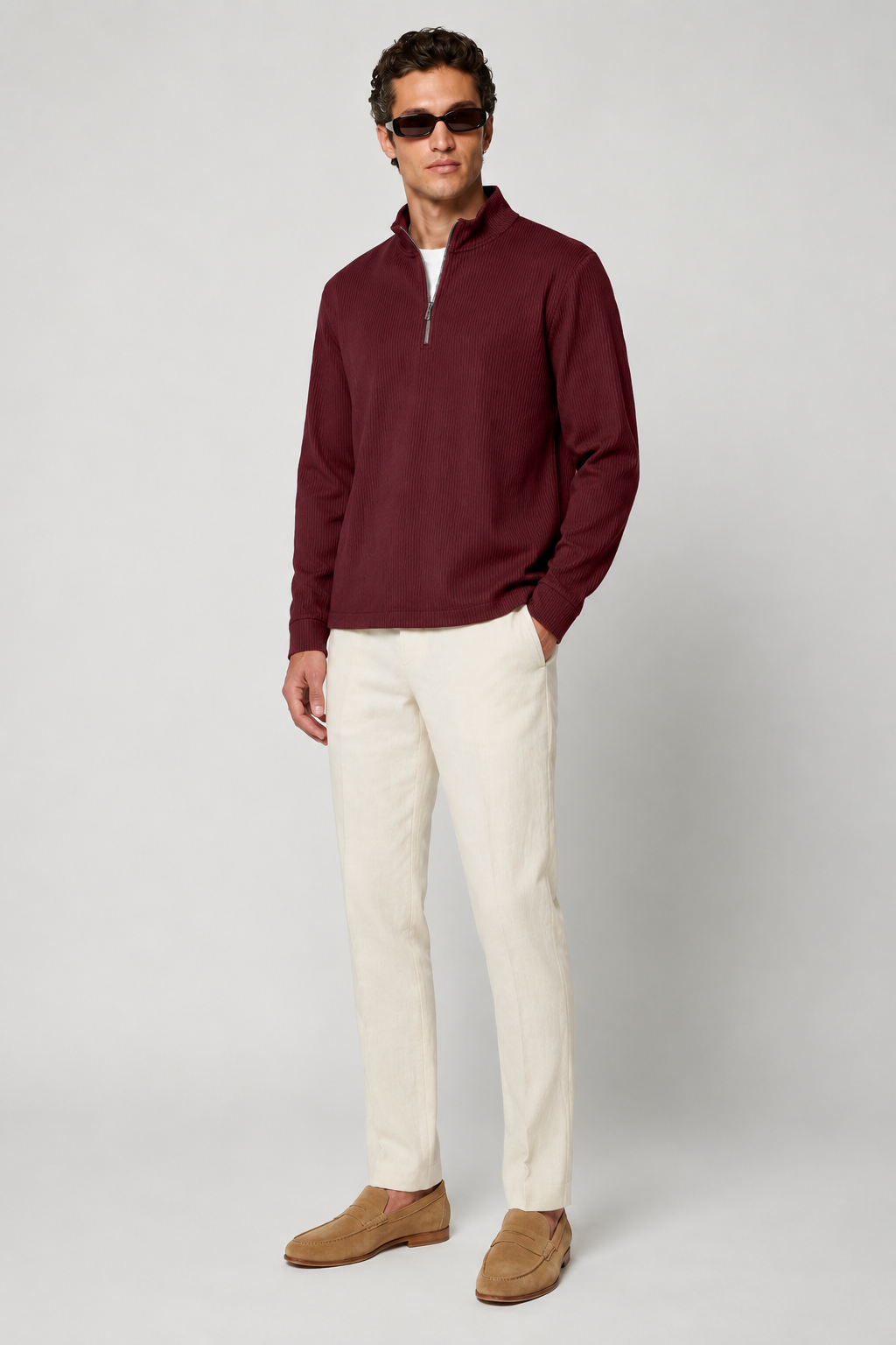 Maglione da uomo con mezza cerniera in bordeaux – Morbido maglione con collo alto classico
