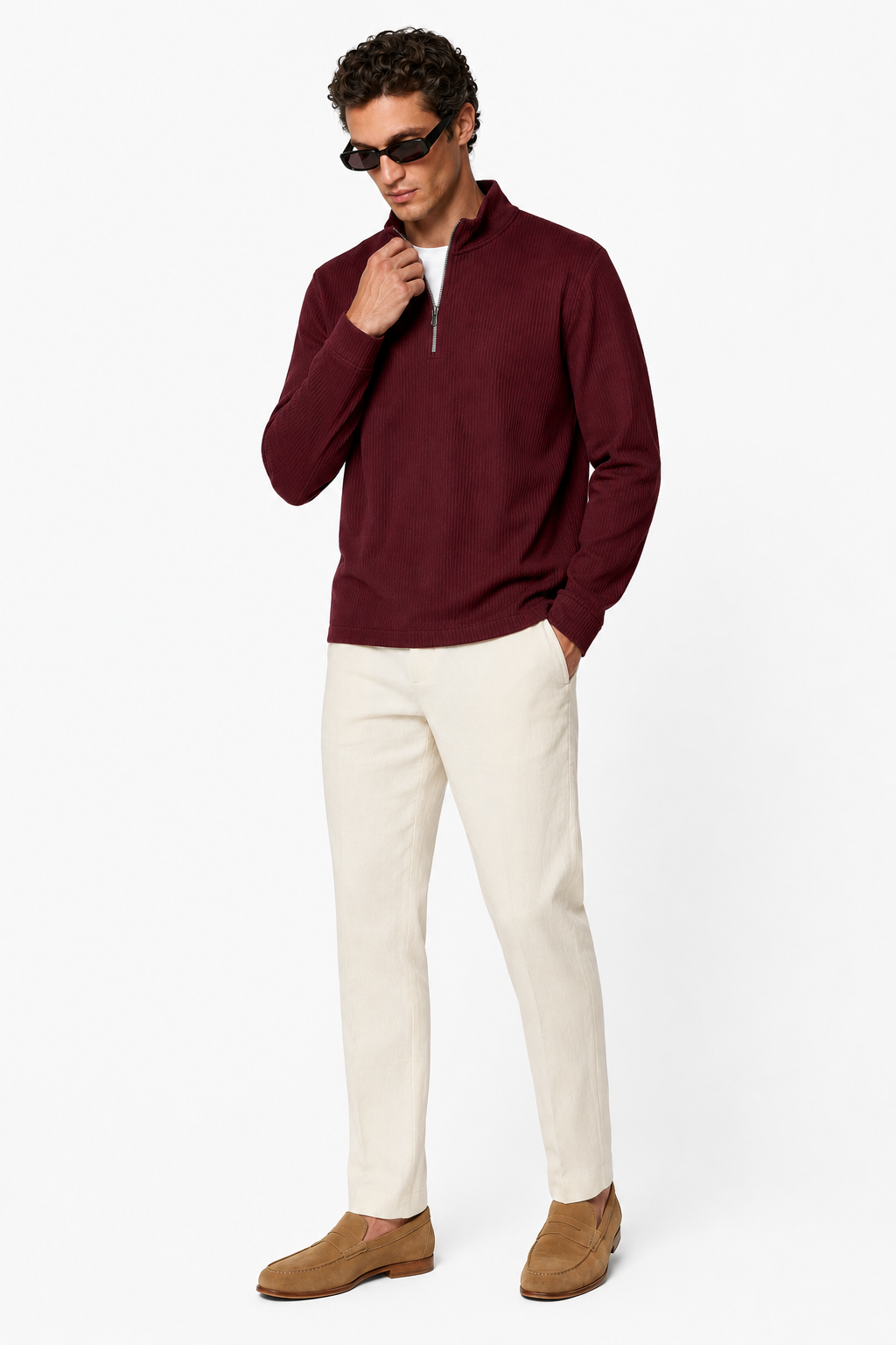 Herre Half-Zip Striktrøje i Bourgogne - Blød Bomuldsstrik med Klassisk Ståkrave - - Sweatre - Valmont Wear
