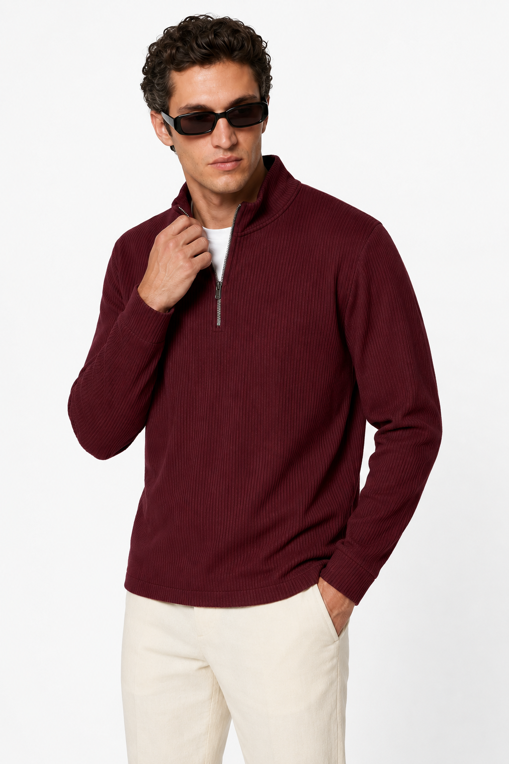 Herre Half-Zip Striktrøje i Bourgogne - Blød Bomuldsstrik med Klassisk Ståkrave - - Sweatre - Valmont Wear